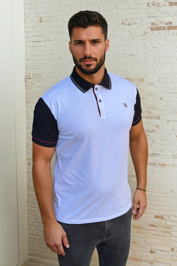 bela kombinovana polo majica teget rukavi crvene paspule regular fit